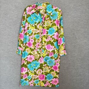 Vintage Dress Floral 1960s 1970s Sheath Women's Size M/L Mod Bright Shirtdress